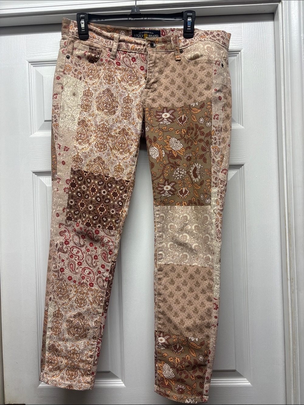 Lucky Brand Charlie Skinny Patchwork Paisley Women’s Jeans Tan  Brown red Sz 10